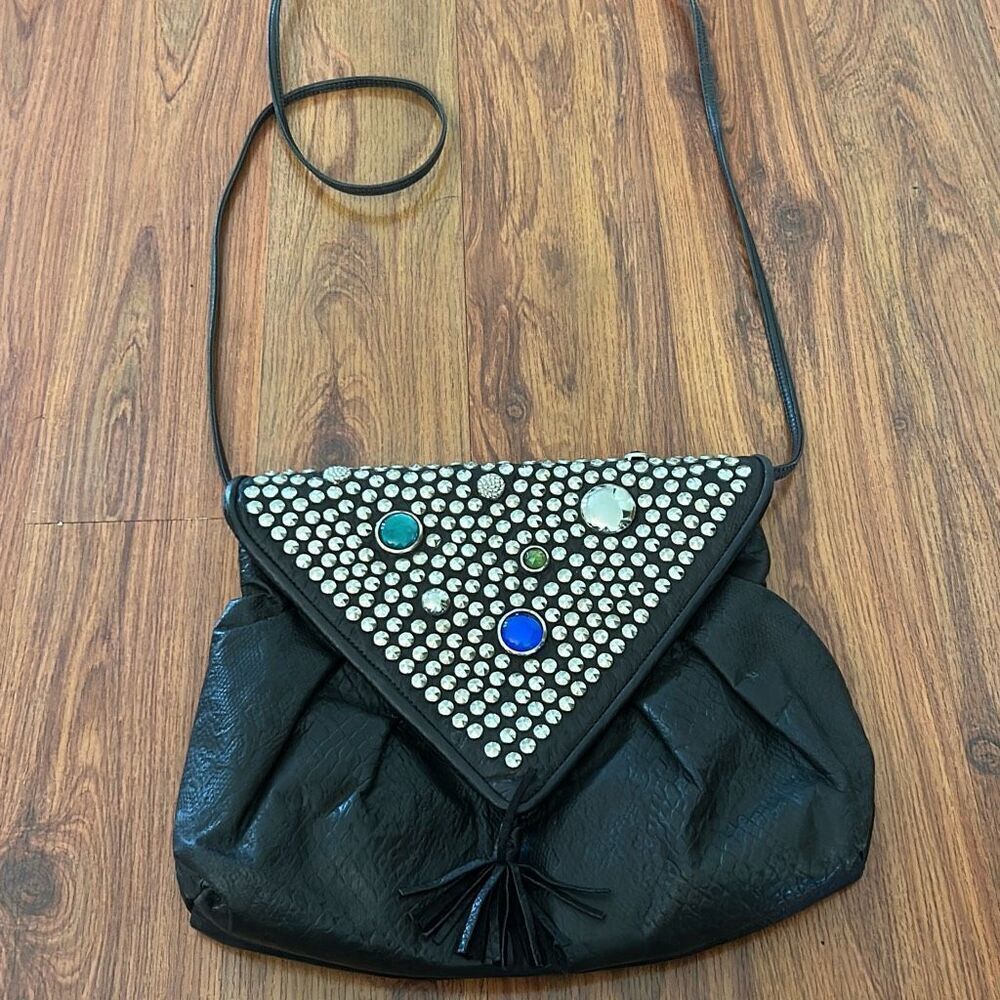 80s vintage MEYERS USA handbag studs jeweled genuine leather long strap Crossbod